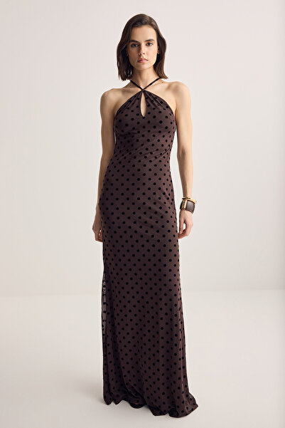 Muse for all x Trendyolmilla Καφέ πουά φλοκ εμπριμέ τούλινο βραδινό φόρεμα TP...