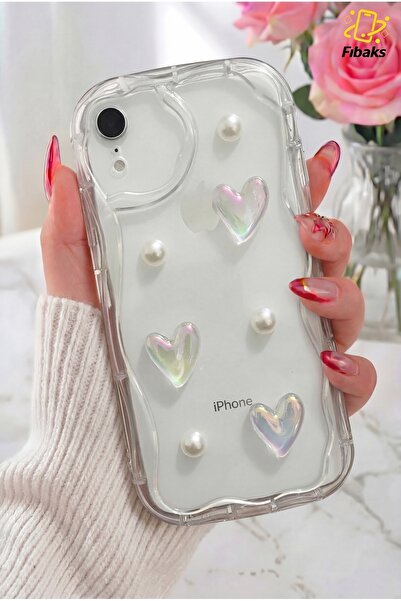 Fibaks iPhone XR Kılıf 3D Kalpli İnci Tasarımlı Desenli Kamera Korumalı Şeffa...