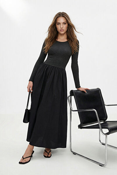 Trendyol Kollektion Schwarzes langärmliges Maxi-Kleid aus gewebtem Strickmix ...