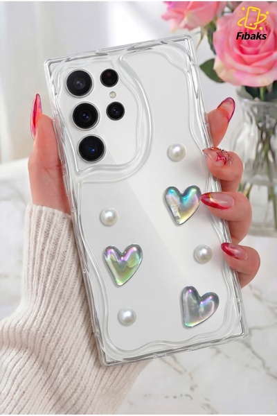 Fibaks Galaxy S24 Ultra Kılıf 3D Kalpli İnci Tasarımlı Desenli Kamera Korumal...