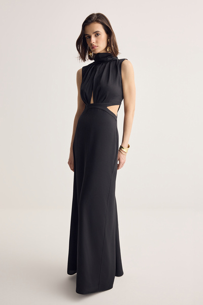 Muse for all x Trendyolmilla Μαύρο σατέν μάξι βραδινό φόρεμα και φόρεμα αποφο...