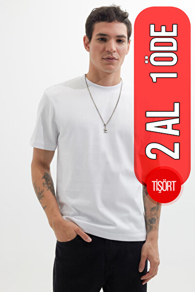 Tudors Erkek Regular Fit Klasik Kesim %100 Pamuk Bisiklet Yaka Beyaz Tişört