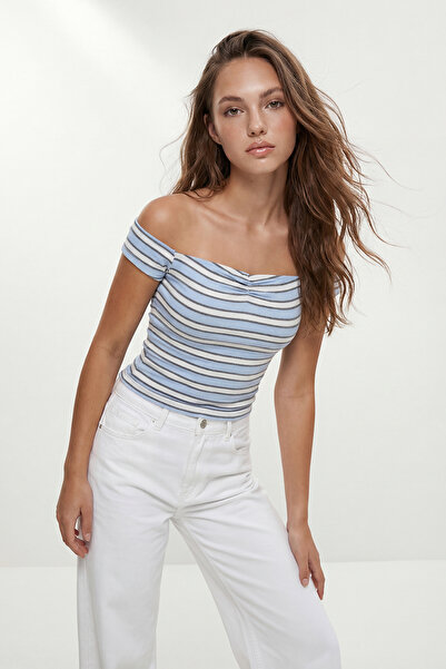 Trendyol Collection Blue Striped Fitted/Fitted Carmen Collar Gathered Corded ...