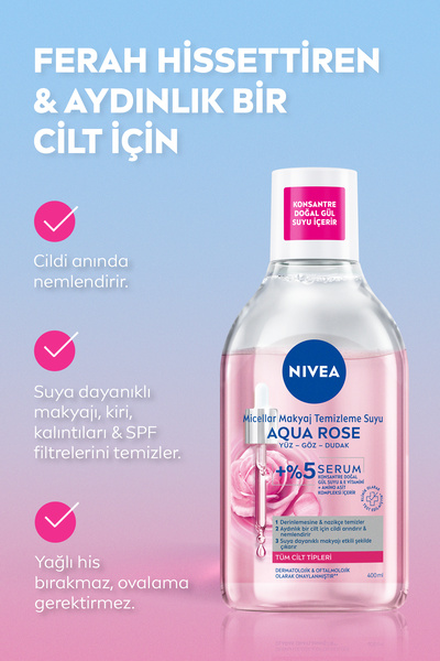NIVEA Aqua Rose Gül Suyu İçeren Çift Fazlı Micellar Makyaj Temizleme Suyu 400ml,Yüz Göz Dudak, Aydınlatıcı