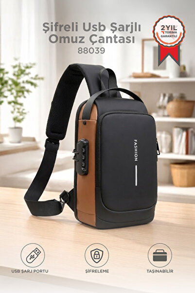 Torima Omuz Çantası Şifreli Usb Şarjlı Günlük Çanta 88039 Kahverengi