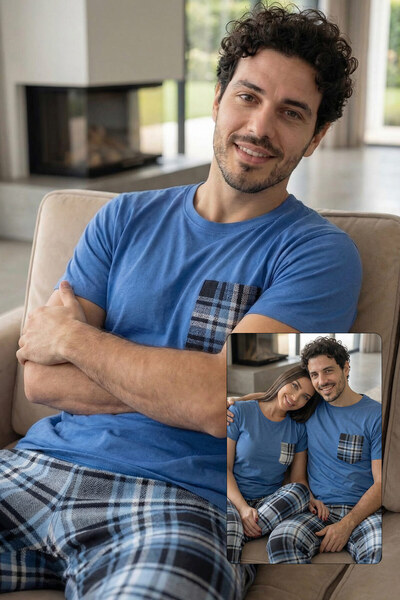 Pijamaevi Navy Blue Pocket Λεπτομερές κοντό μανίκι Dear Family Pajamas - Ανδρ...