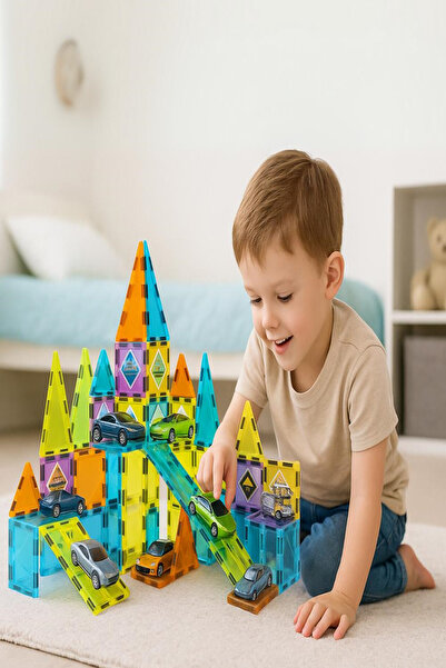 Hyd 50 Parça Magnetic Tiles Mıknatıslı Arabalı Manyetik Yapı Blokları Eğitici...