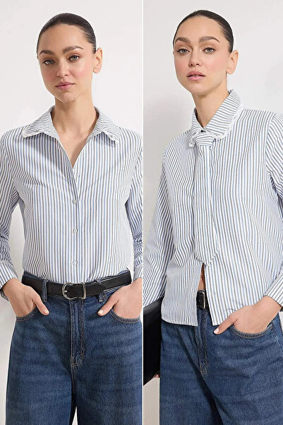 Trendyol Kollektion Blaues Spitzenbesetztes gestreiftes Hemd mit Krawatte TWO...