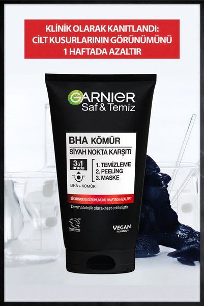 Garnier Saf & Temiz Yüz Temizleyici 3 'ü 1 Arada, BHA Kömür, Siyah Nokta Karşıtı (Temizleme,Peeling,Maske)