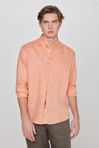 Lee قميص برتقالي مصنوع من الكتان بنسبة 100% بقصة عادية