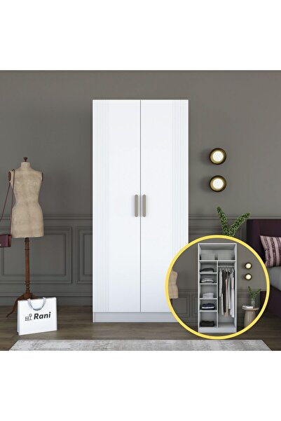 Rani Mobilya Rani BA225 Membran Kapaklı Gardırop 2 Kapaklı 5 Raflı Askılı Elb...