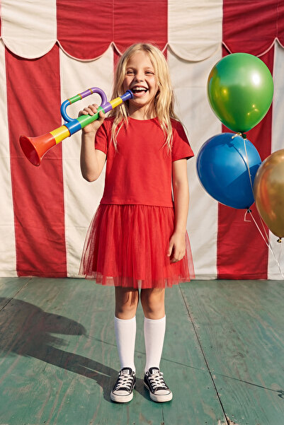 TRENDYOLKIDS Rochie roșie din tul pentru fete, scurtă/mini, tricotată simplă,...