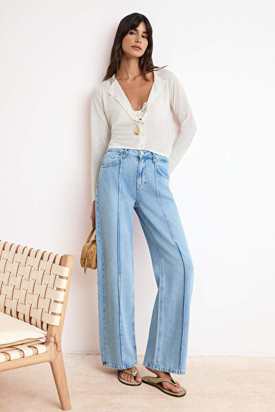 Trendyol Collection بنطلون جينز أزرق موريستينس ستيردستبل عالي الخصر واسع السا...