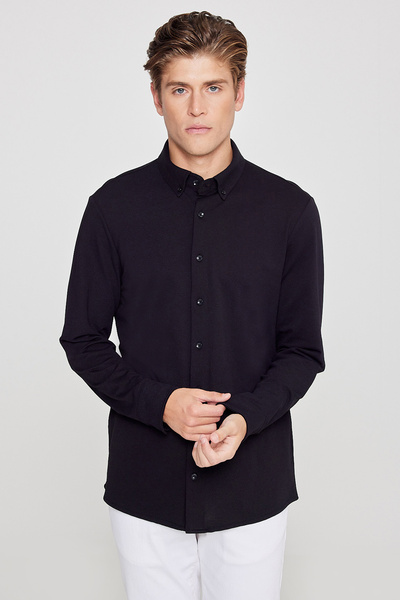 AC&Co / Altınyıldız Classics Erkek Siyah Nefes Alabilir Esnek Pamuklu Tailored Slim Fit Dar Kesim Düğmeli Yaka Örme Gömlek