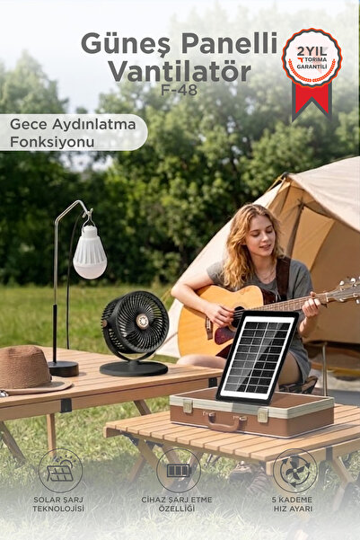 Torima Güneş Panelli Vantilatör Şarjlı Ampüllü 5 Kademeli Taşınabilir Ayarlan...
