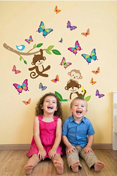 KT Decor Ağaçta Sevimli Maymunlar Çocuk Odası Duvar Sticker Seti