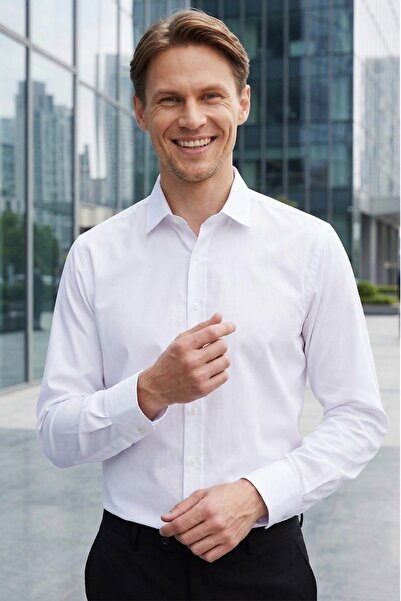 Tudors Ανδρικό μοντέρνο Slim Fit απλό σατέν βαμβακερό λευκό πουκάμισο