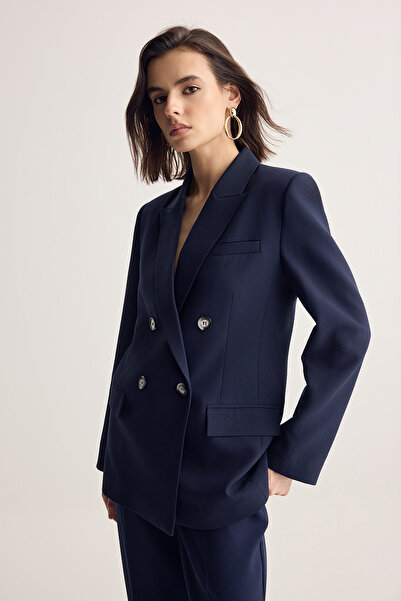 Muse for all x Trendyolmilla Lacivert Kruvaze Vatkalı Blazer Ceket TWOSS26BC0...