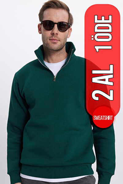 Tudors Unisex Relax Fit Rahat Kesim Pamuklu Içi Polarlı Yarım Fermuarlı Haki ...