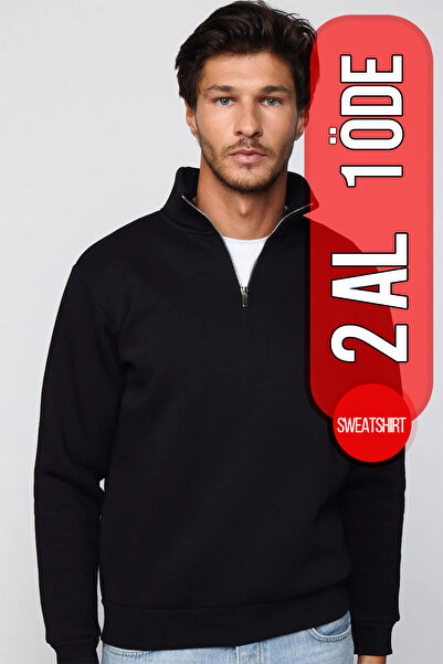 Tudors Unisex Relax Fit Rahat Kesim Pamuklu Içi Polarlı Yarım Fermuarlı Siyah...