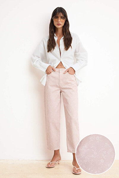 Trendyol Collection Roz lejer Floare cu imprimeu bumbac 100% talie înaltă Blu...