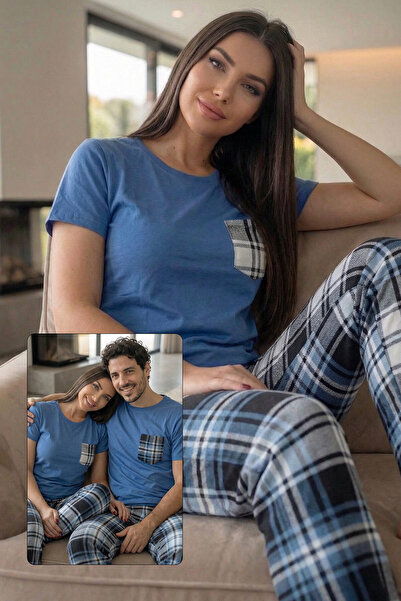 Pijamaevi بيجامة عزيزي فاميلي بأكمام قصيرة وجيب أزرق كحلي - طقم نسائي