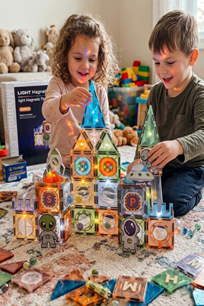 Hyd 100 Parça Magnetic Tiles Uzaylılar Işıklı Mıknatıslı Manyetik Yapı Blokla...