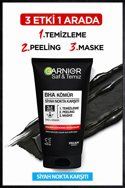 Garnier Saf & Temiz Yüz Temizleyici 3 'ü 1 Arada, BHA Kömür, Siyah Nokta Karş...