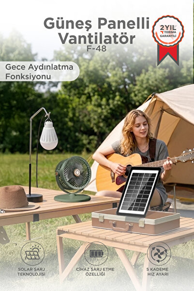 Torima Güneş Panelli Vantilatör Şarjlı Ampüllü 5 Kademeli Taşınabilir Ayarlan...
