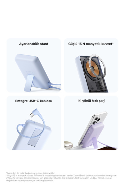 Xiaomi 10000 mAh Standlı Manyetik Kablosuz Dahili Type-C Kablolu Hızlı Şarj Powerbank Açık Mor