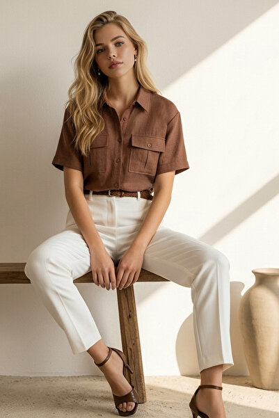 Trend Alaçatı Stili Kahverengi Zarf Cepli Keten Gömlek