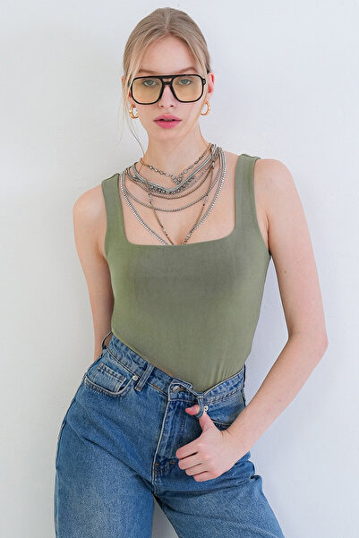 Trend Alaçatı Stili Bluză de damă verde decolteu pătrat cu bretele subțiri di...