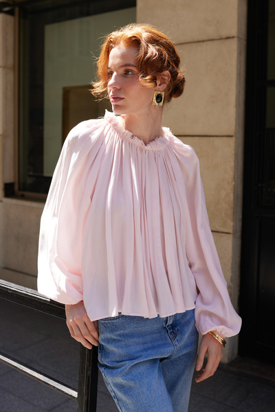 Trendyol Collection Pink Gathered Collar Tassel Stitched Oversize Slightly Tr...