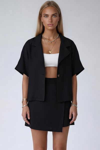 Trend Alaçatı Stili Siyah Ceket Yaka Oversize Keten Gömlek Ve Bağlamalı Şort ...