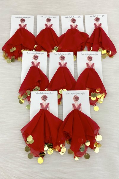 ZEYMERADE Red Gold Chiffon Card Gift Halay Handkerchief 5 Pieces, Bride Groom Wedding Henna Circumcision Engagement Bride