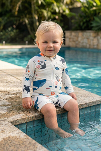 Minipodyum Erkek Bebek Yüzücü Mayosu Uzun Kollu Deniz Temalı