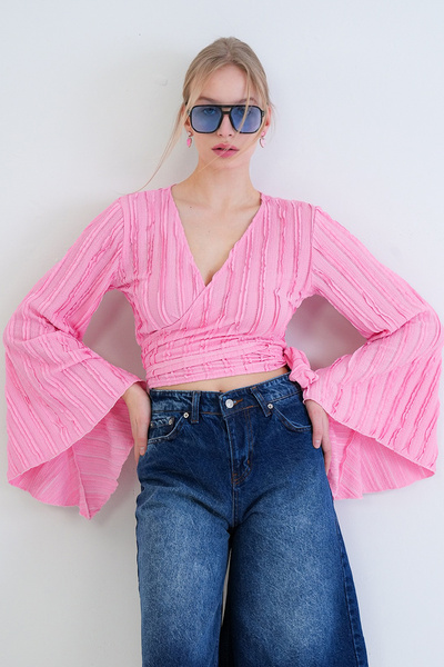 Trend Alaçatı Stili Pink Double-Breasted Collar Spanish Sleeve Crop Blouse