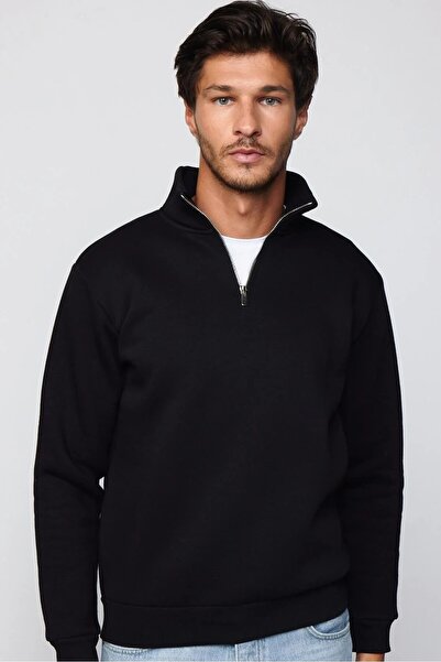 Tudors Unisex Relax Fit Relaxed Cotton Fleece Εσωτερικό με μισό φερμουάρ Μαύρ...