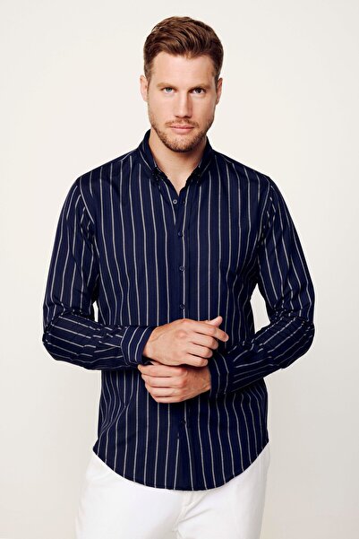 Tudors Ανδρικό πουκάμισο με μακρυμάνικο βαμβακερό πουκάμισο με ριγέ μπλε ναυτ...