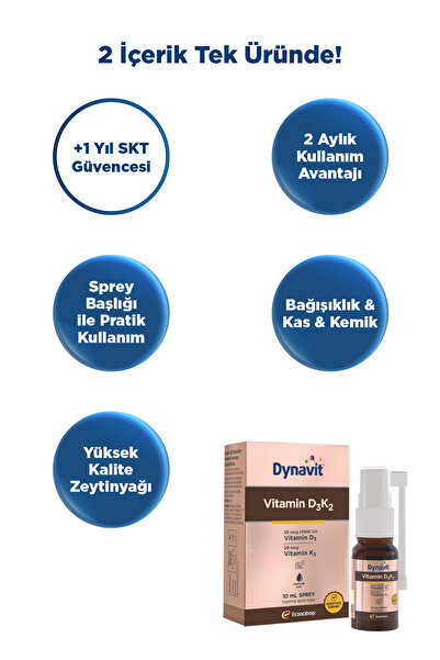 Dynavit Vitamin D3K2 10 mL Sprey  – 1000IU D3 & 20mcg K2 Vitamini - Kas & Kemik & Bağışıklık