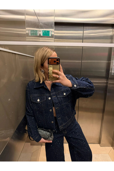 My Blog Set dublu din denim albastru marin cu aplicații de piatră - 1231