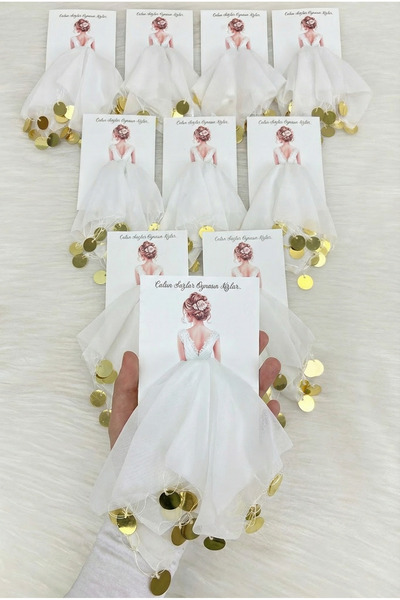 ZEYMERADE Beyaz Gold Şifon Kartlı Hediyelik Halay Mendili 5 Adet, Gelin Damat...