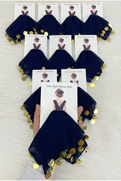 ZEYMERADE Lacivert Gold Şifon Kartlı Hediyelik Halay Mendili 10 Adet Gelin Da...