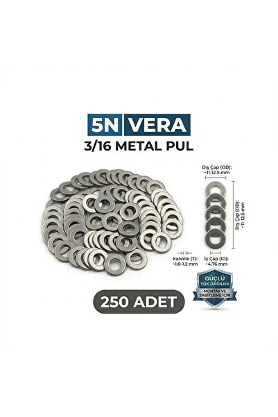 5NVERA 3/16 Pul - 250 Adet - İnce Seri Metal Pul - Somun Ve Civata Pulu