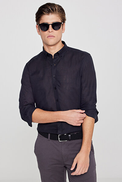 AC&Co / Altınyıldız Classics Pánská černá 100% bavlna Oxford Slim Fit s knofl...