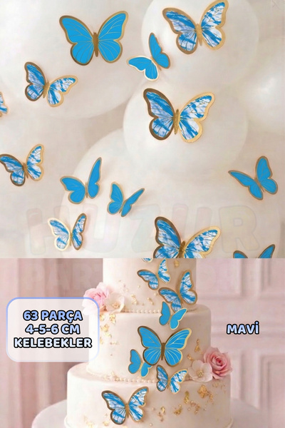 Huzur Party Store 63 Adet Kelebek Pasta ve Balon Zinciri Süsü Mavi 4-6 Cm Par...