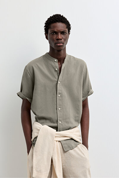 LEFTIES Ανδρικό λινό-βαμβακερό πουκάμισο με όρθιο γιακά