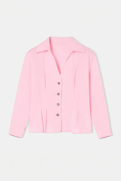 Drop by TrendyolMilla Pink Beli Pleated Seater Cotton Piece Shirt Set Tdrss26...