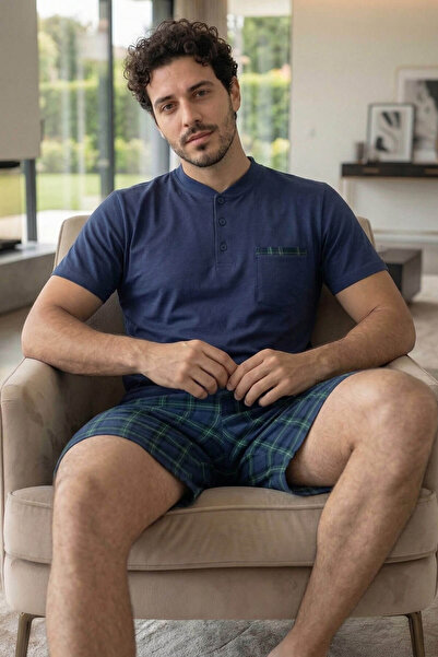 Pijamaevi Σετ ανδρικές πιτζάμες με κοντό μανίκι Navy Blue καρό γραμμή με λεπτ...