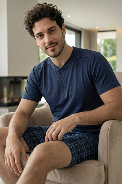 Pijamaevi Σετ ανδρικές πιτζάμες με κοντό μανίκι Navy Blue καρό με λεπτομέρεια...